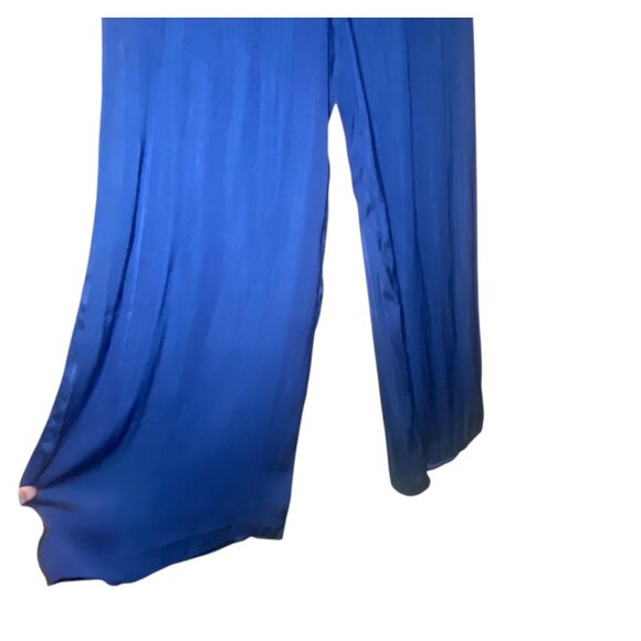 Flowy Dark Blue Wide-Leg Pants Elastic Waistband Side Pockets Lightweight Soft - Picture 2 of 7